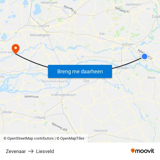 Zevenaar to Liesveld map