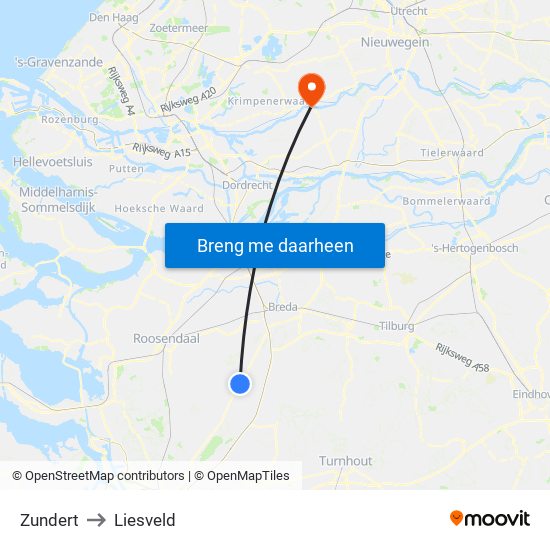 Zundert to Liesveld map