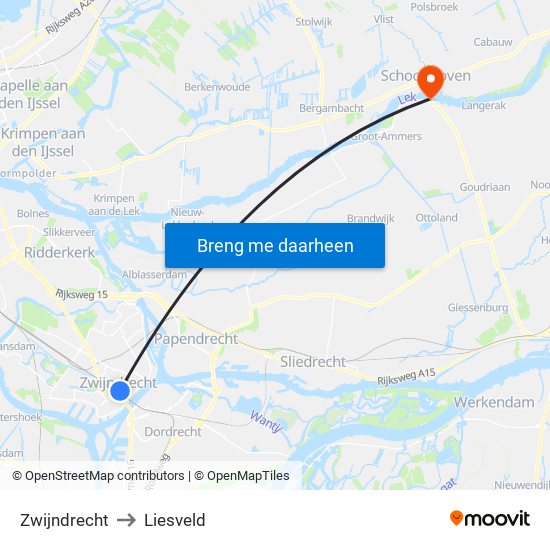 Zwijndrecht to Liesveld map