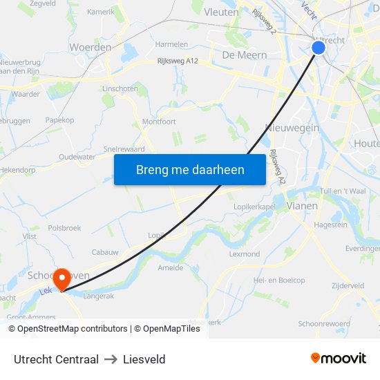 Utrecht Centraal to Liesveld map