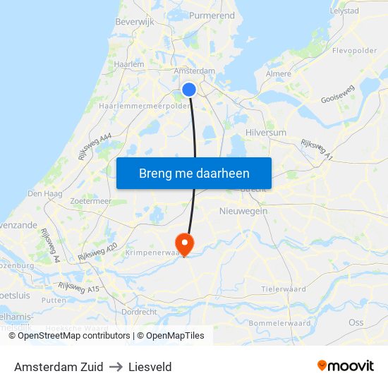 Amsterdam Zuid to Liesveld map