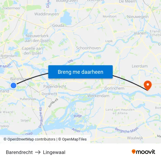 Barendrecht to Lingewaal map