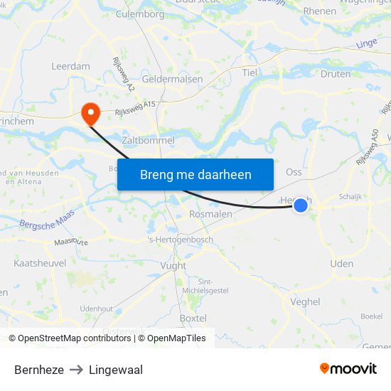 Bernheze to Lingewaal map