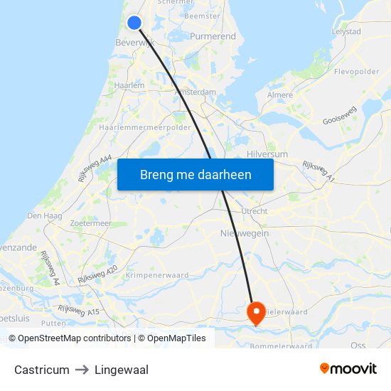 Castricum to Lingewaal map
