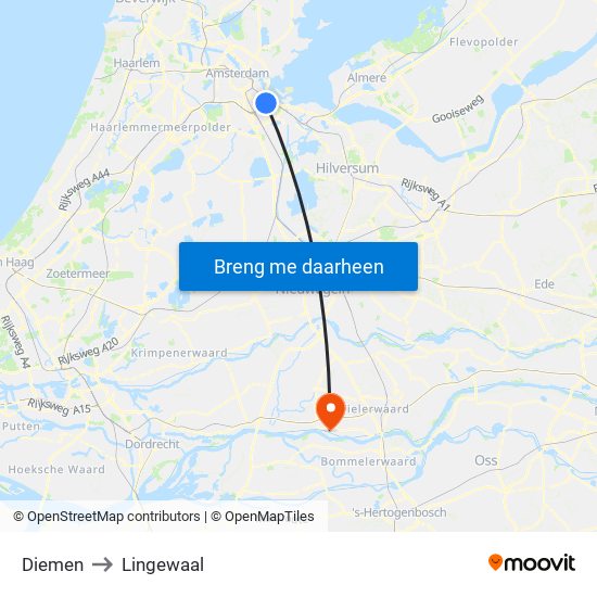 Diemen to Lingewaal map