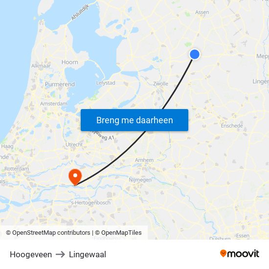 Hoogeveen to Lingewaal map