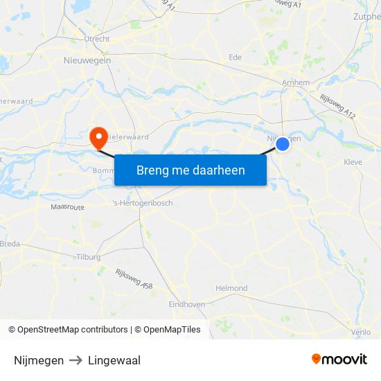 Nijmegen to Lingewaal map