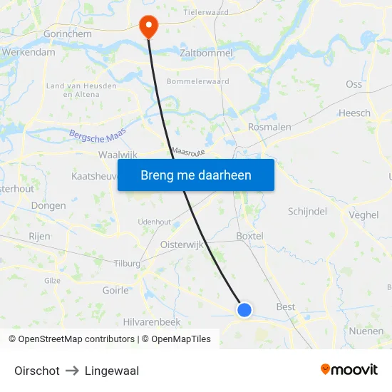 Oirschot to Lingewaal map