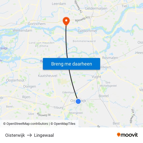 Oisterwijk to Lingewaal map