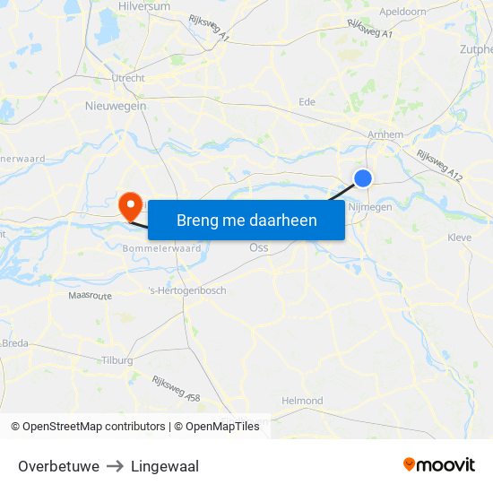 Overbetuwe to Lingewaal map