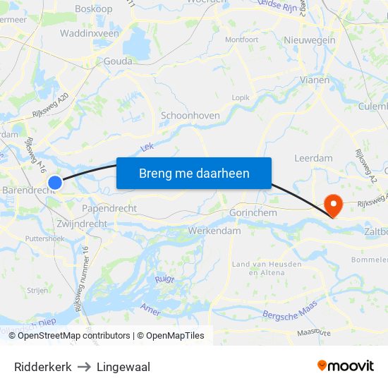 Ridderkerk to Lingewaal map