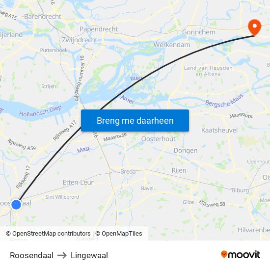 Roosendaal to Lingewaal map