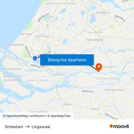 Schiedam to Lingewaal map
