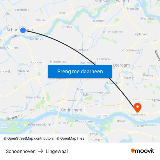 Schoonhoven to Lingewaal map
