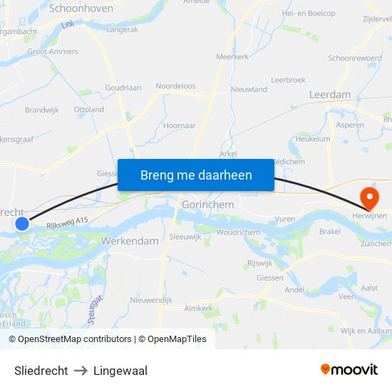 Sliedrecht to Lingewaal map