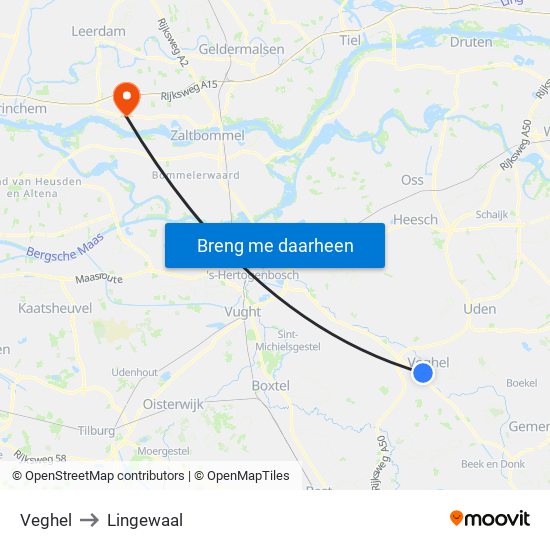 Veghel to Lingewaal map