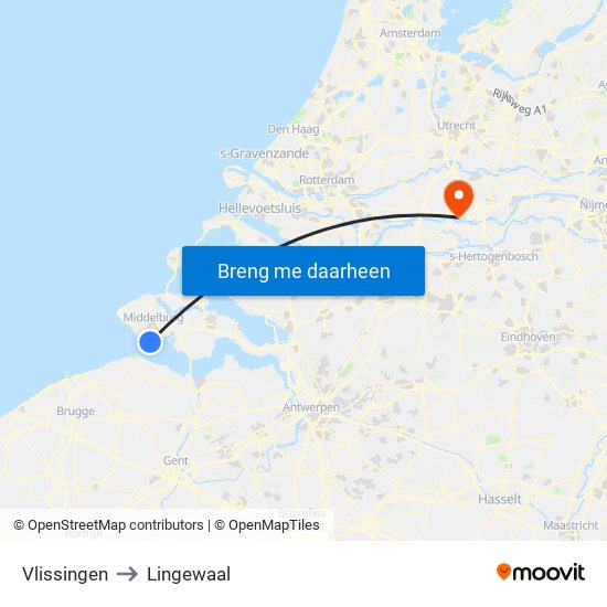 Vlissingen to Lingewaal map