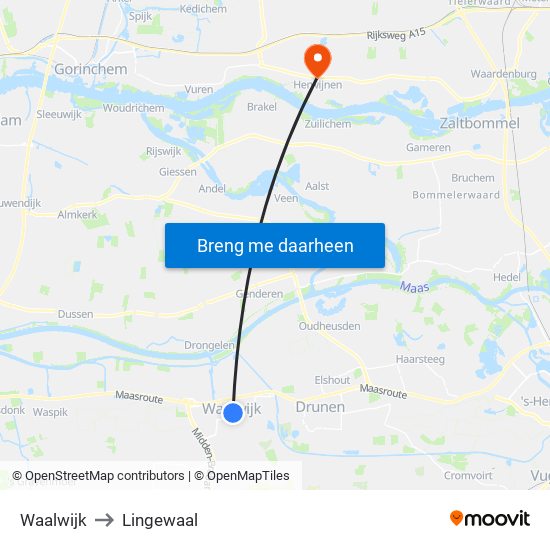 Waalwijk to Lingewaal map
