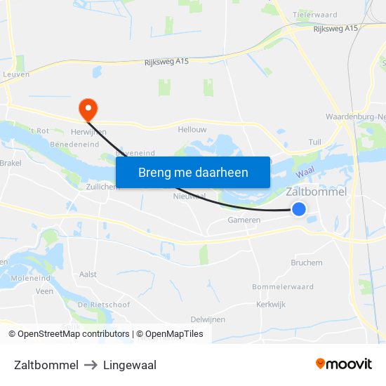 Zaltbommel to Lingewaal map