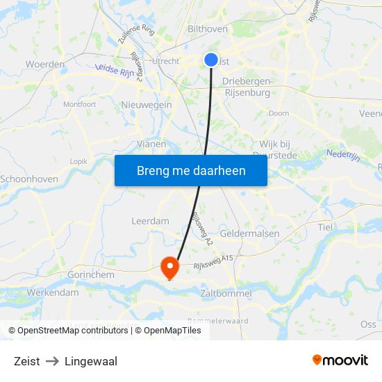 Zeist to Lingewaal map