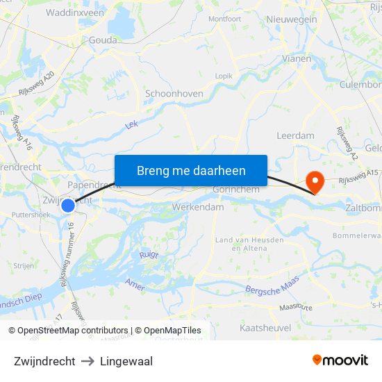 Zwijndrecht to Lingewaal map