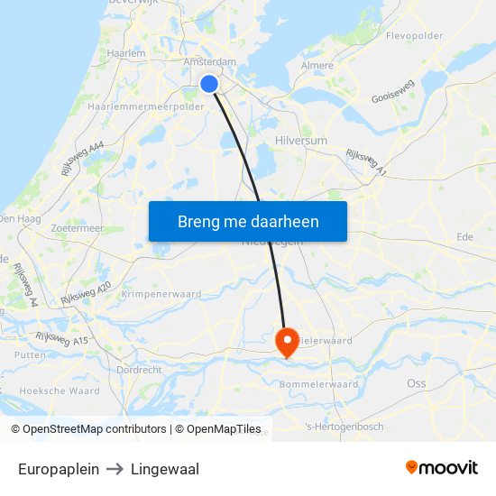 Europaplein to Lingewaal map