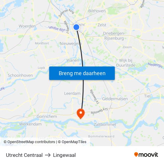 Utrecht Centraal to Lingewaal map