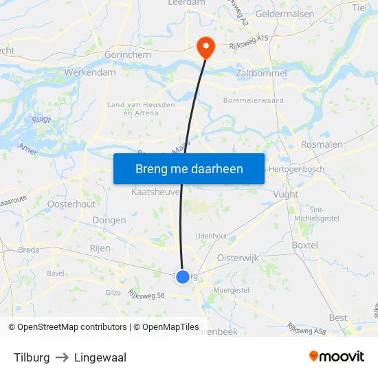 Tilburg to Lingewaal map