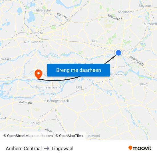 Arnhem Centraal to Lingewaal map
