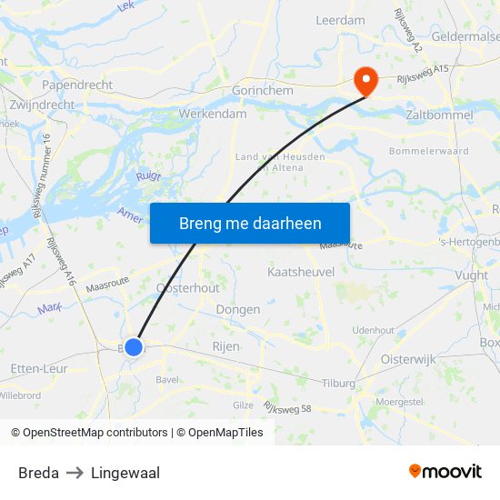 Breda to Lingewaal map