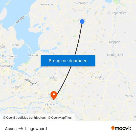 Assen to Lingewaard map