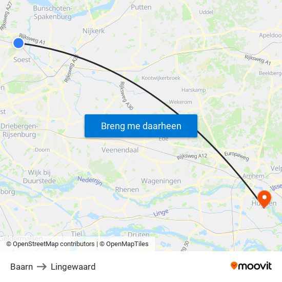 Baarn to Lingewaard map