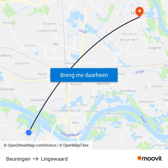 Beuningen to Lingewaard map