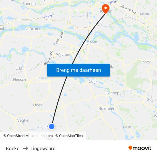 Boekel to Lingewaard map