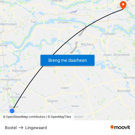 Boxtel to Lingewaard map