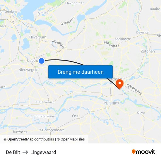 De Bilt to Lingewaard map