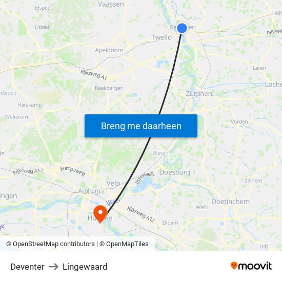 Deventer to Lingewaard map