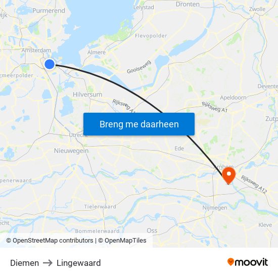Diemen to Lingewaard map