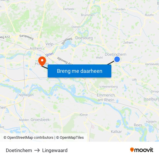 Doetinchem to Lingewaard map