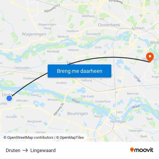 Druten to Lingewaard map