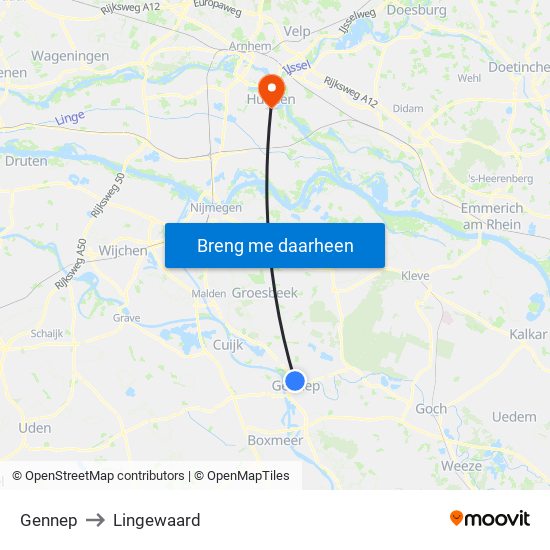 Gennep to Lingewaard map