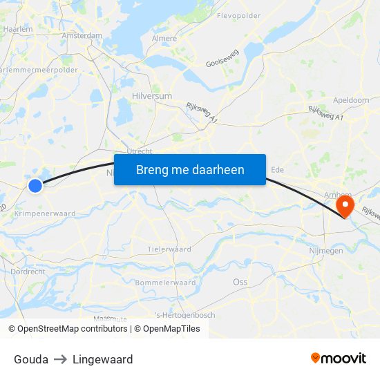 Gouda to Lingewaard map