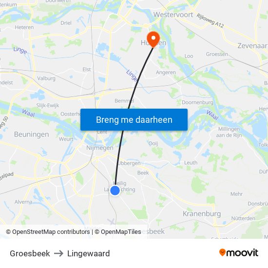 Groesbeek to Lingewaard map