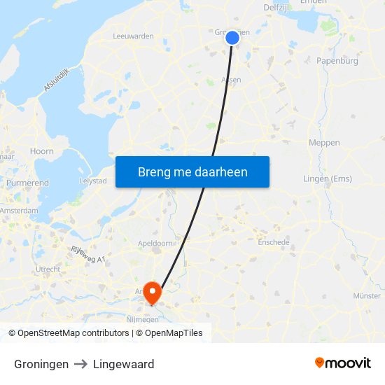 Groningen to Lingewaard map