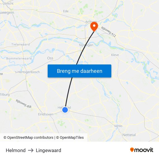 Helmond to Lingewaard map