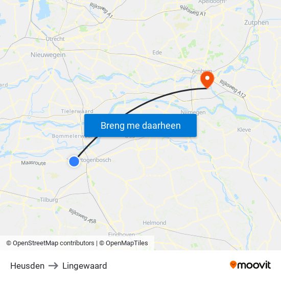 Heusden to Lingewaard map