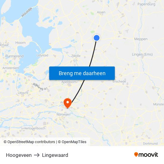 Hoogeveen to Lingewaard map