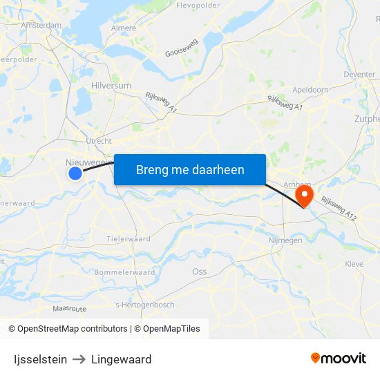 Ijsselstein to Lingewaard map