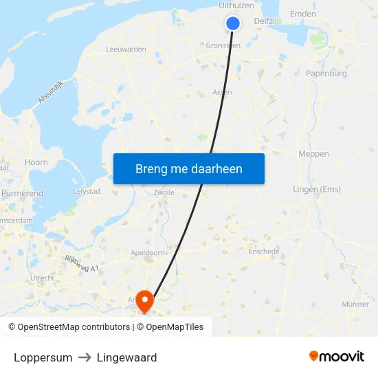 Loppersum to Lingewaard map