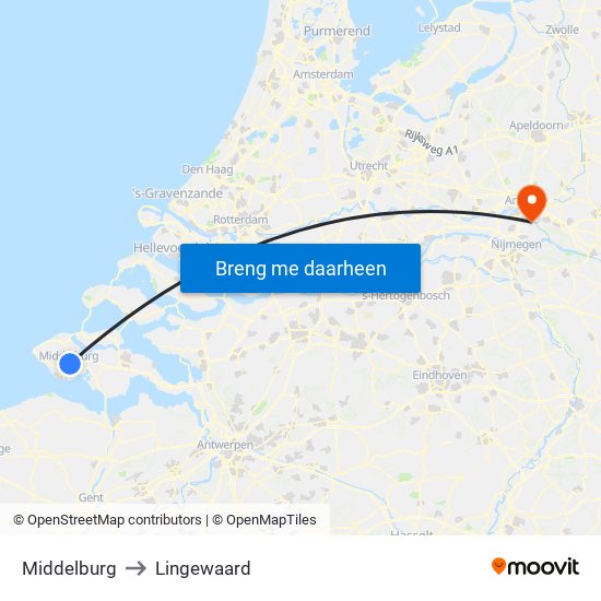 Middelburg to Lingewaard map